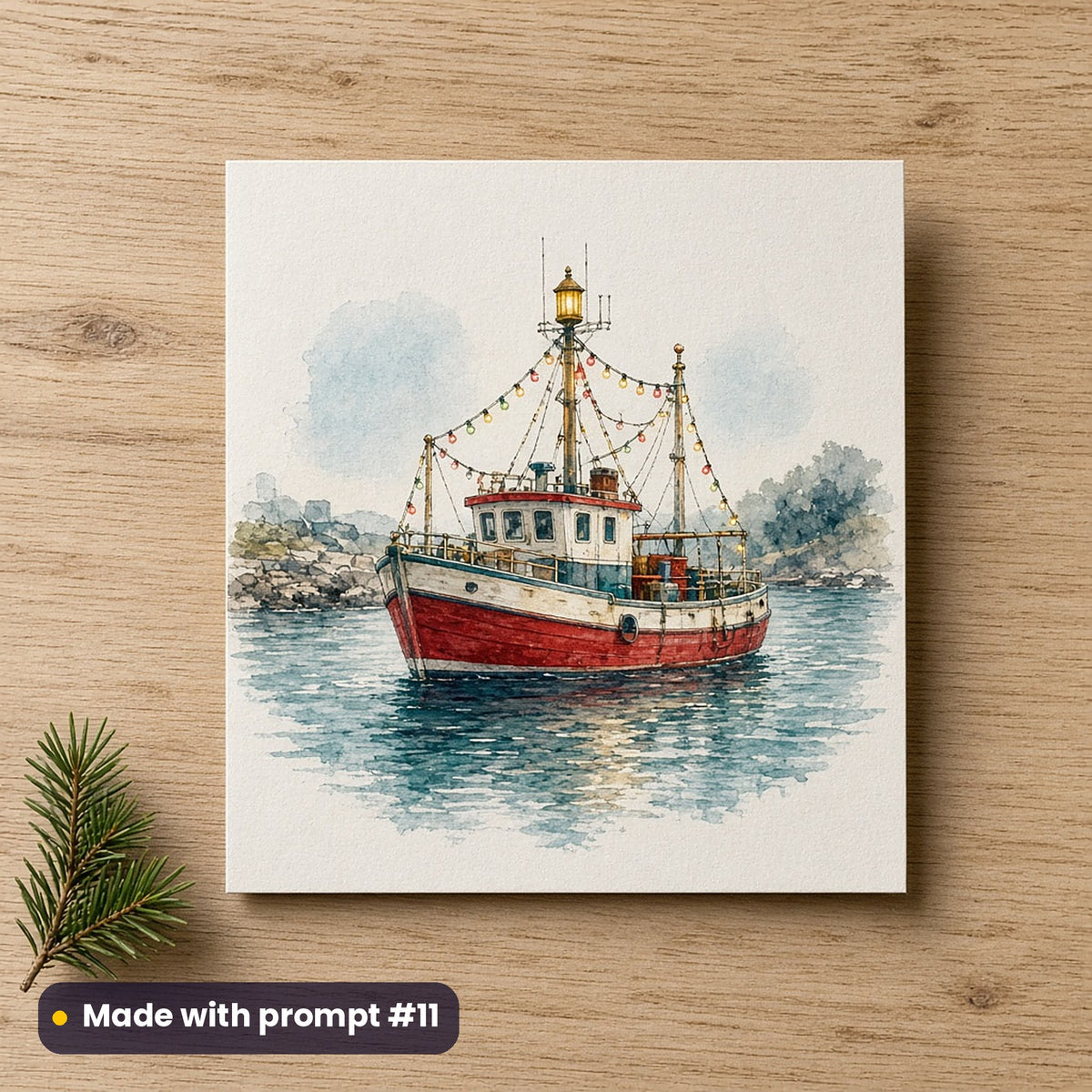 Cornish Harbour Christmas artwork on a flat-printed greeting card: lit trawler, made with prompt #11 from this pack