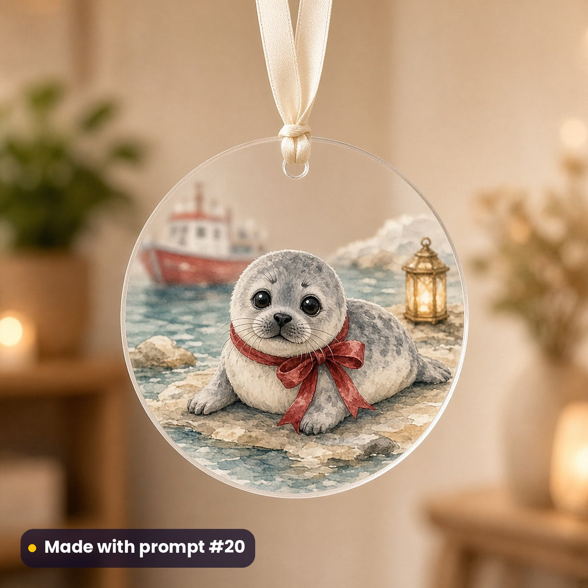Cornish Harbour Christmas artwork on a UV-printed clear acrylic ornament: seal pup, made with prompt #20 from this pack