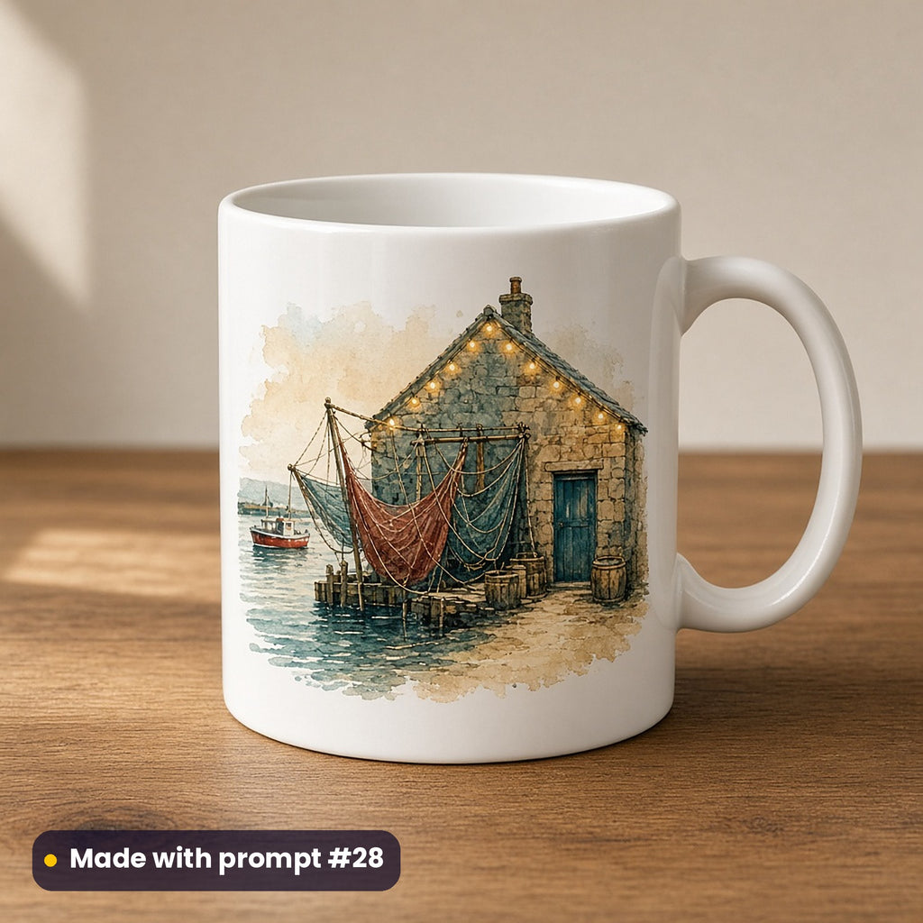 Cornish Harbour Christmas artwork on a UV-printed ceramic mug: net loft, made with prompt #28 from this pack