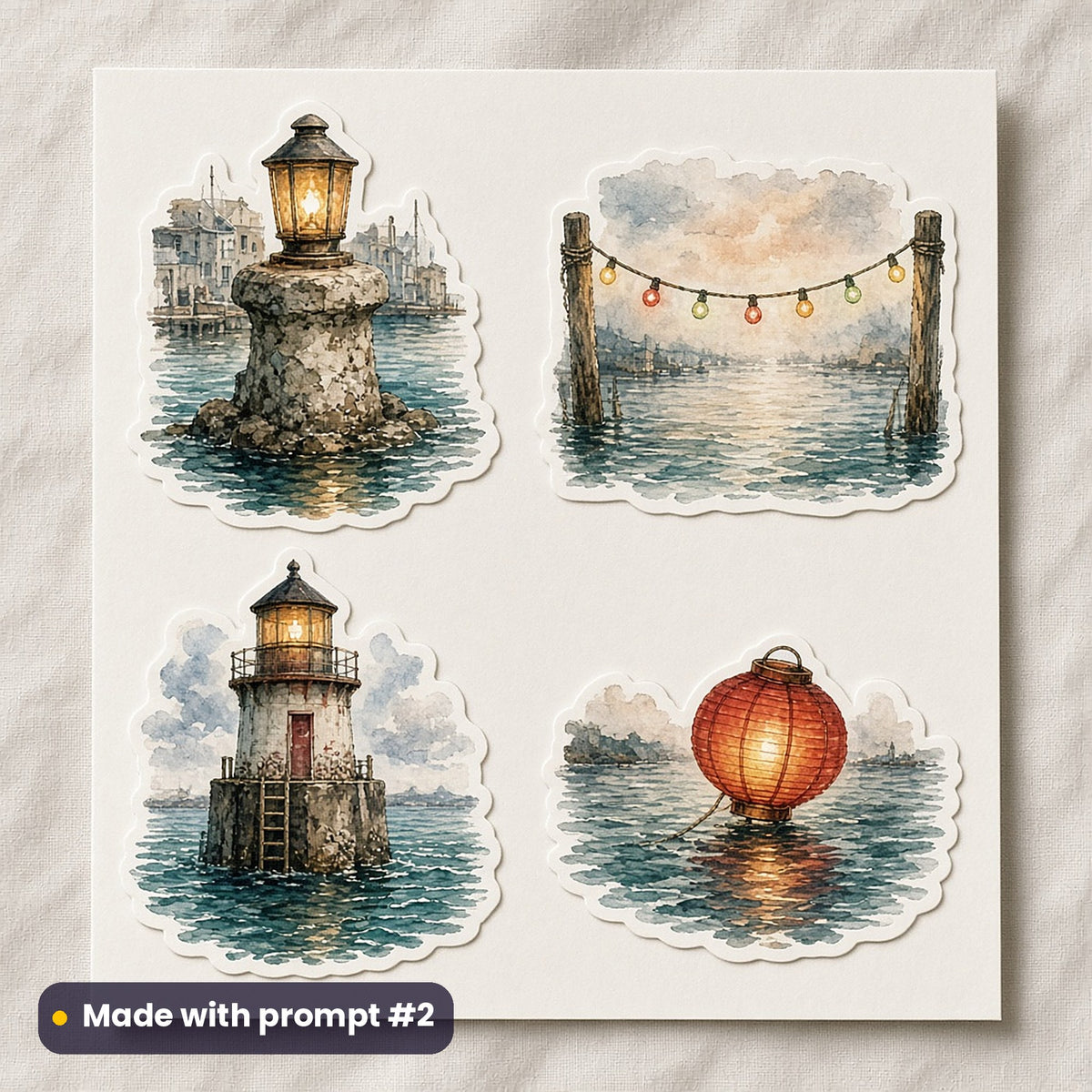 Cornish Harbour Christmas artwork on a die-cut vinyl sticker sheet: a sheet of four assets from page p02: harbour lights, made with prompt #2 from this pack