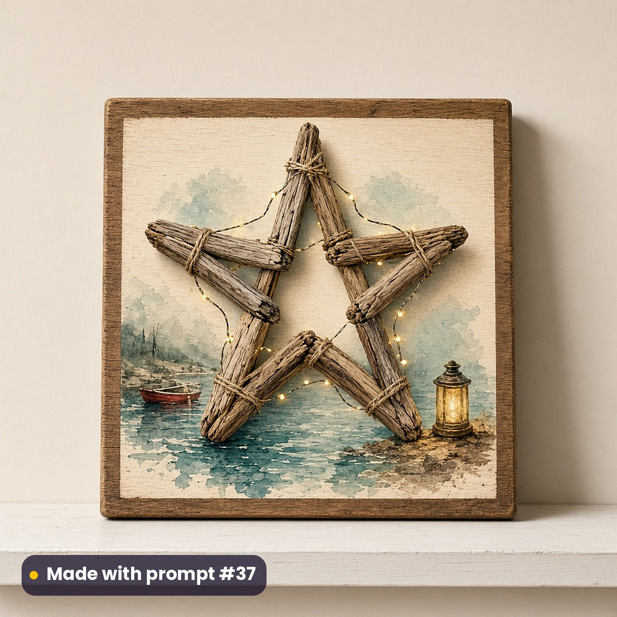 Cornish Harbour Christmas artwork on a UV-printed wooden plaque: driftwood star, made with prompt #37 from this pack