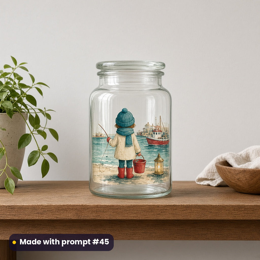 Cornish Harbour Christmas artwork on a UV DTF decal on a glass jar: child with crab line, made with prompt #45 from this pack