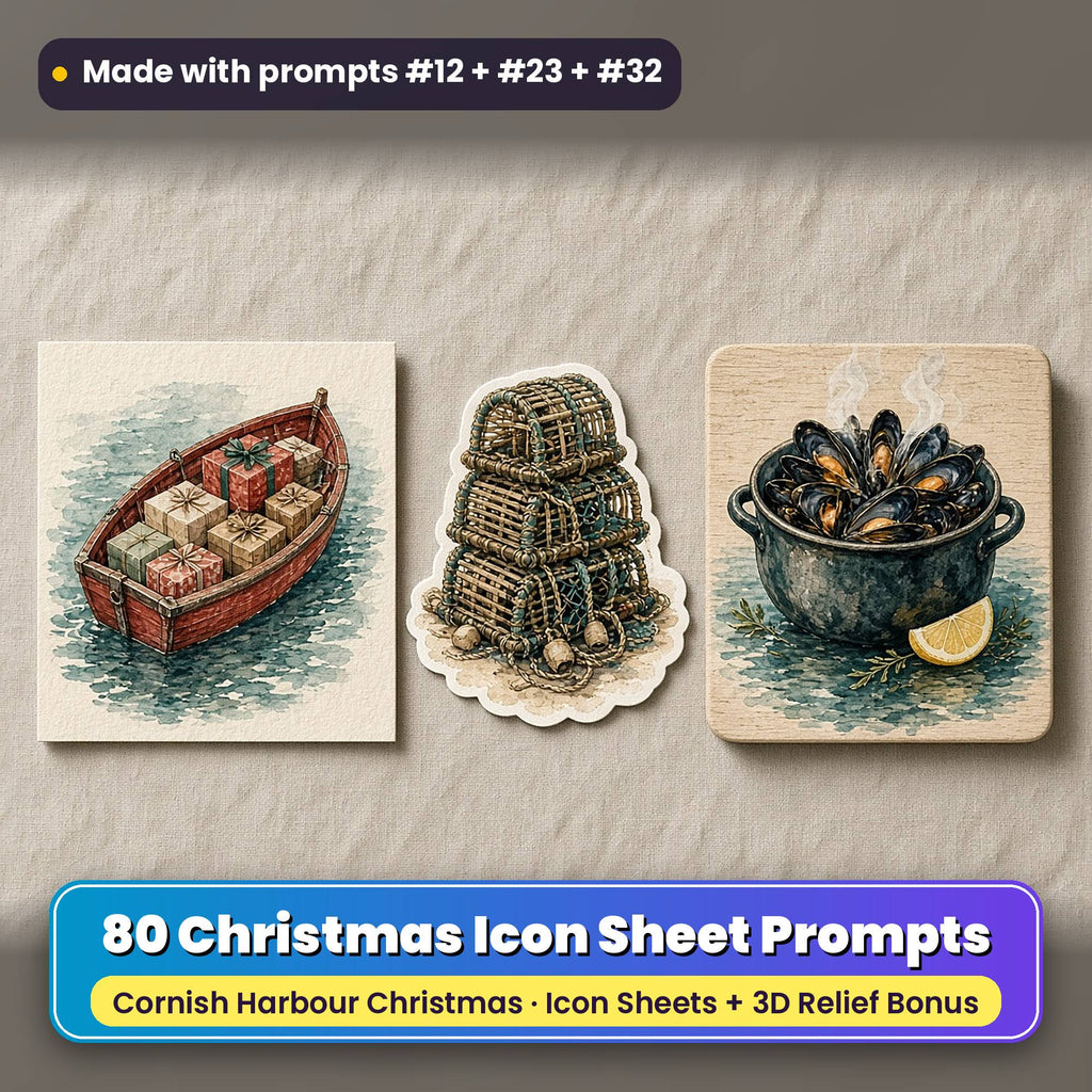 Cornish Harbour Christmas Icon Sheet Prompts: 80 prompts + 3D Relief bonus, with a printed greeting card, sticker and wooden plaque made with prompts #12, #23 and #32