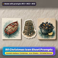 Cornish Harbour Christmas Icon Sheet Prompts: 80 prompts + 3D Relief bonus, with a printed greeting card, sticker and wooden plaque made with prompts #12, #23 and #32