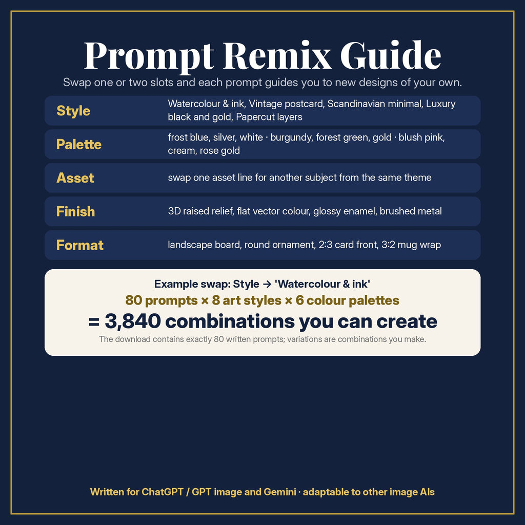 Prompt Remix Guide: swap style, palette, asset, finish and format; 80 prompts × 8 styles × 6 palettes = 3,840 combinations you can create