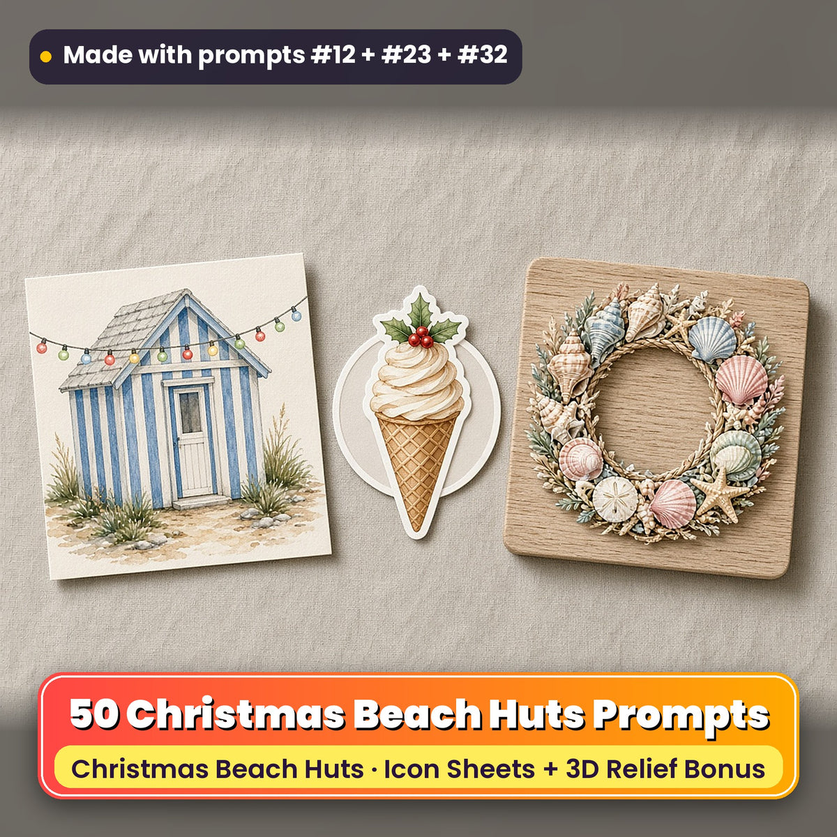 Christmas Beach Huts Icon Sheet Prompts: 50 prompts + 3D Relief bonus, with a printed greeting card, sticker and wooden plaque made with prompts #12, #23 and #32