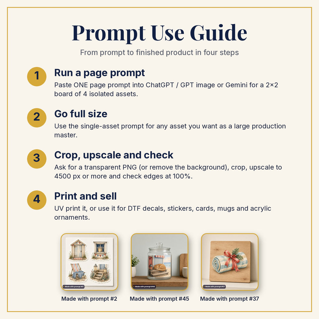 Prompt Use Guide: run a page prompt, go full size, crop and upscale, then print and sell, with products made with prompts #2, #45 and #37