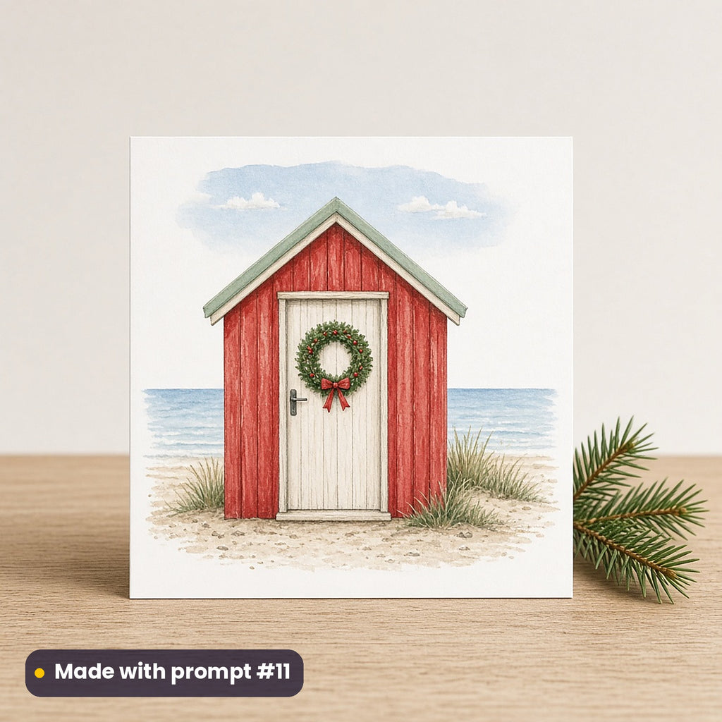 Christmas Beach Huts artwork on a flat-printed greeting card: red hut with wreath, made with prompt #11 from this pack