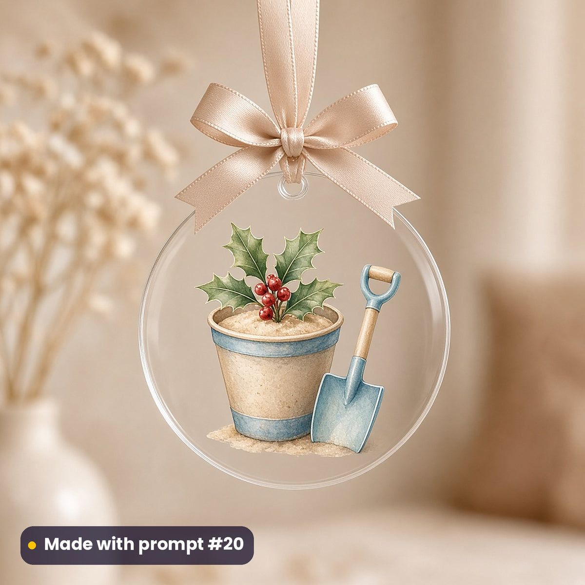 Christmas Beach Huts artwork on a UV-printed clear acrylic ornament: bucket and spade, made with prompt #20 from this pack