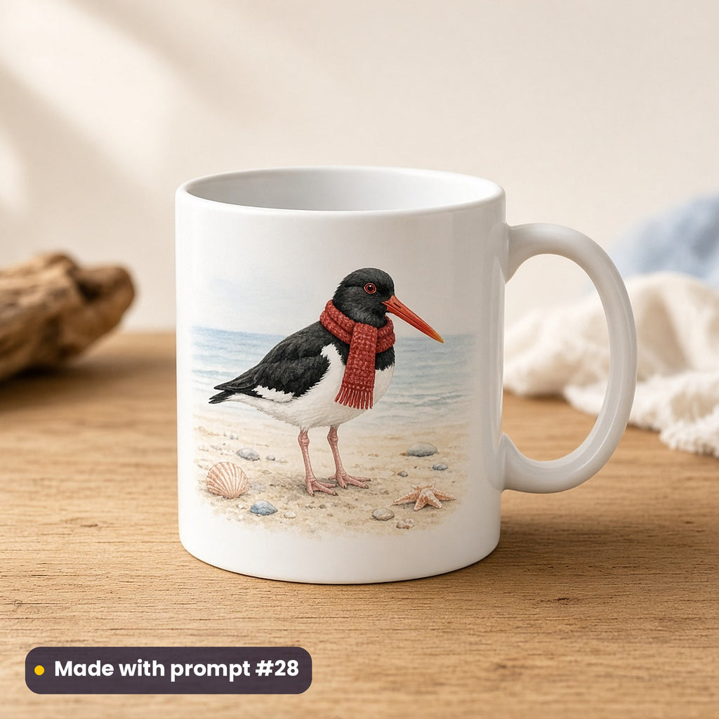 Christmas Beach Huts artwork on a UV-printed ceramic mug: oystercatcher, made with prompt #28 from this pack