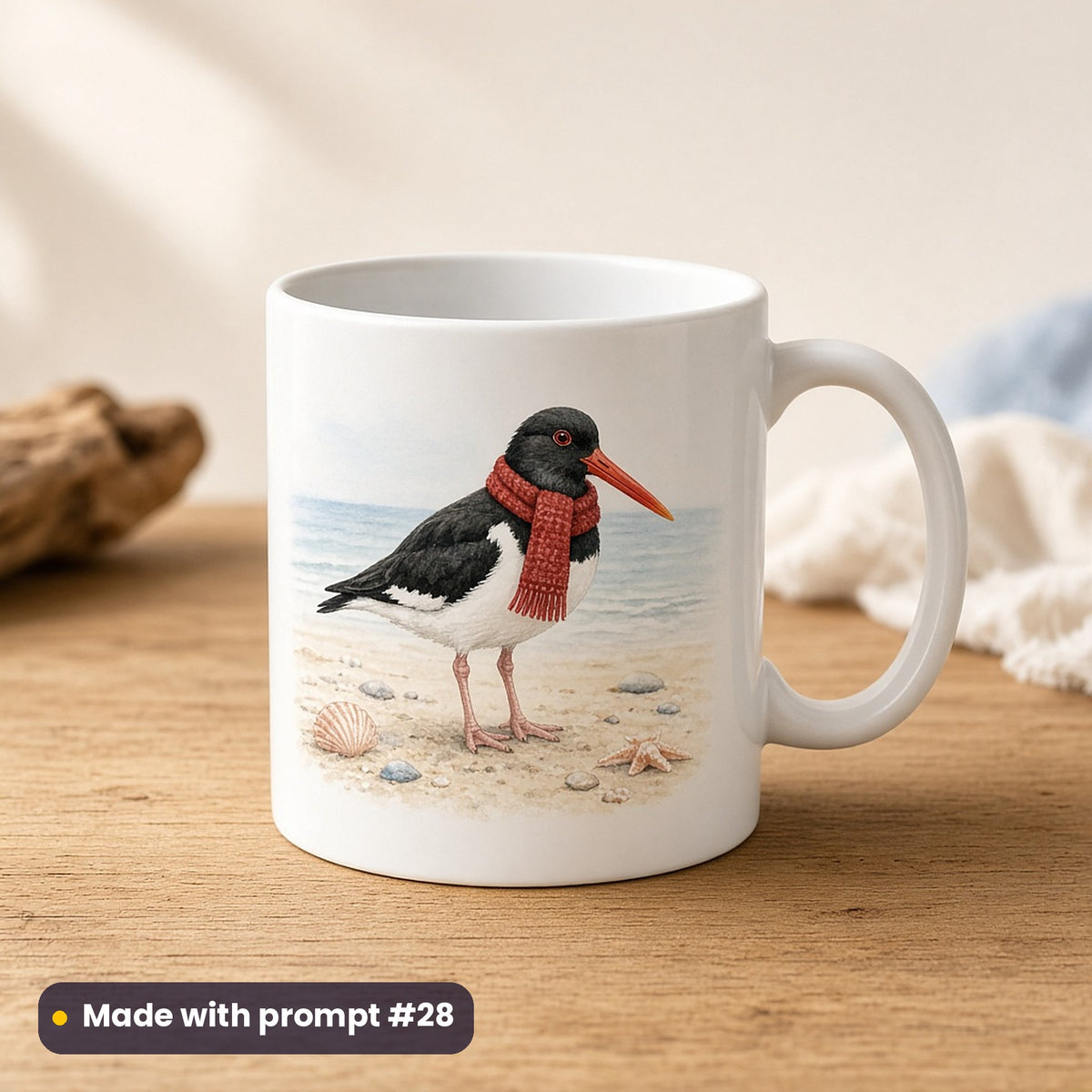Christmas Beach Huts artwork on a UV-printed ceramic mug: oystercatcher, made with prompt #28 from this pack