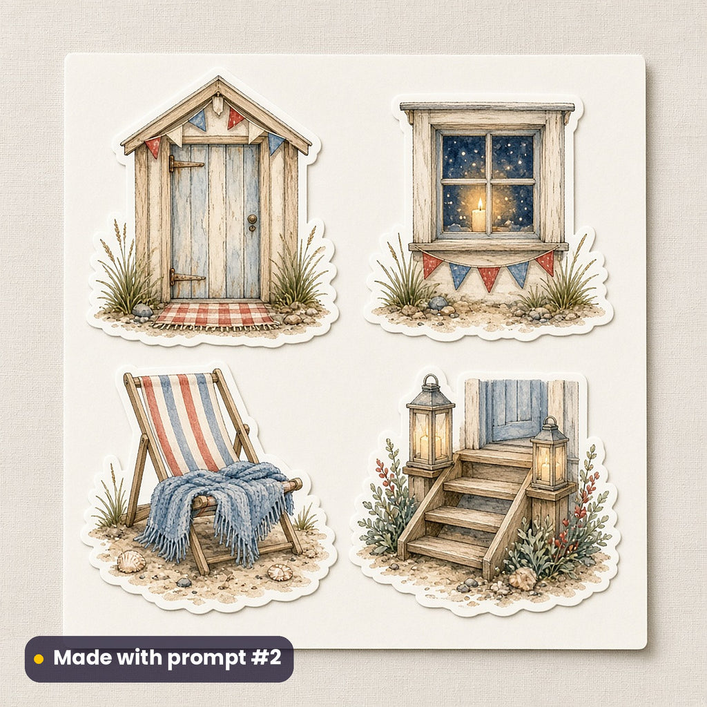 Christmas Beach Huts artwork on a die-cut vinyl sticker sheet: a sheet of four assets from page p02: hut details, made with prompt #2 from this pack