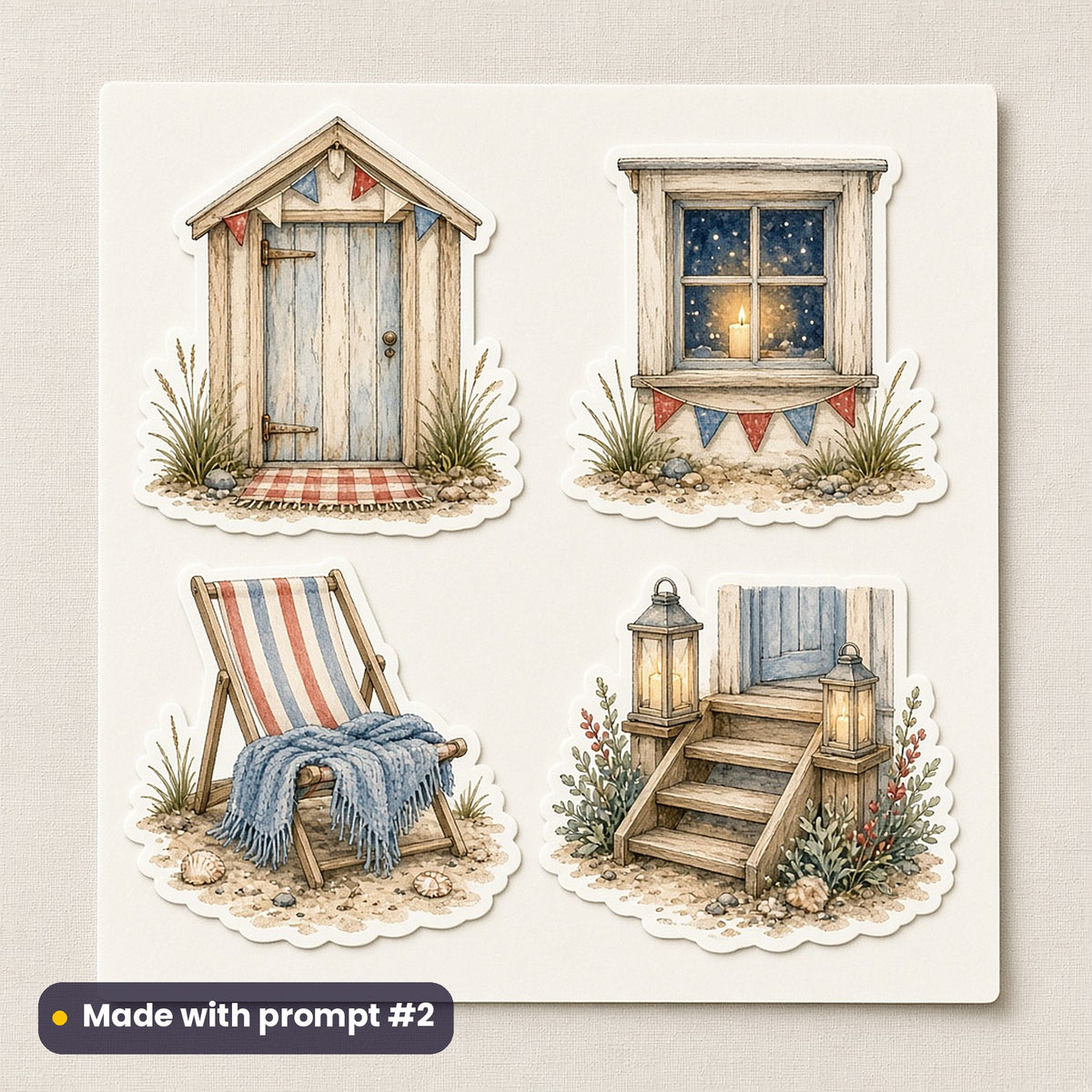 Christmas Beach Huts artwork on a die-cut vinyl sticker sheet: a sheet of four assets from page p02: hut details, made with prompt #2 from this pack