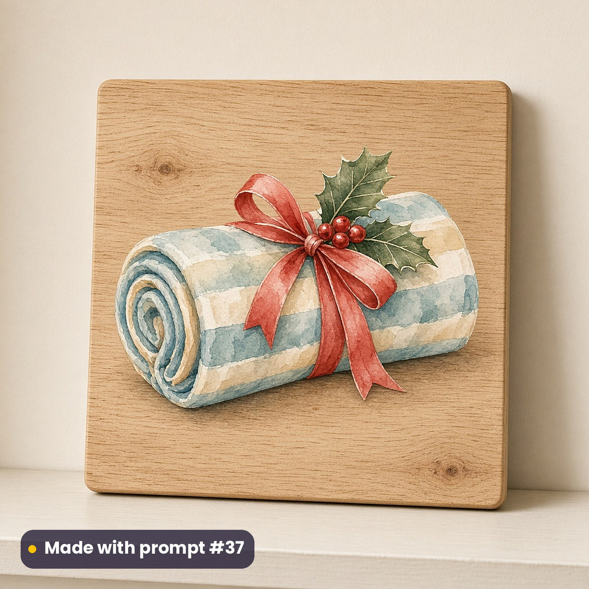 Christmas Beach Huts artwork on a UV-printed wooden plaque: towel roll, made with prompt #37 from this pack