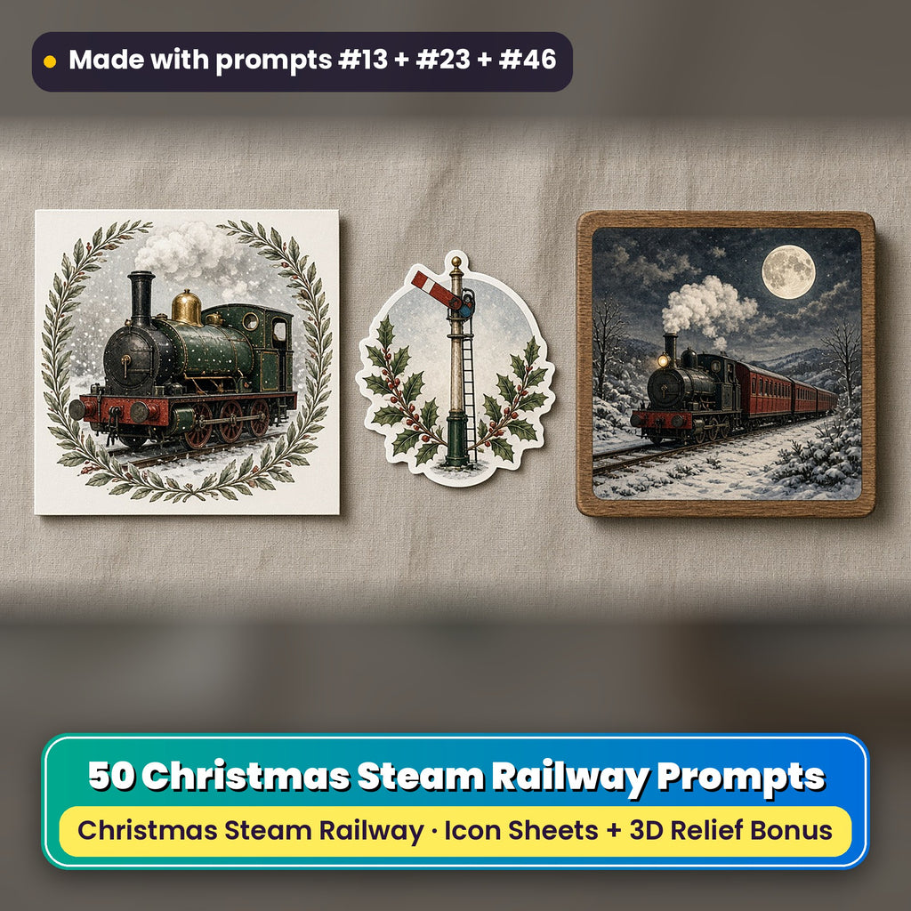 Christmas Steam Railway Icon Sheet Prompts: 50 prompts + 3D Relief bonus, with a printed greeting card, sticker and wooden plaque made with prompts #13, #23 and #46