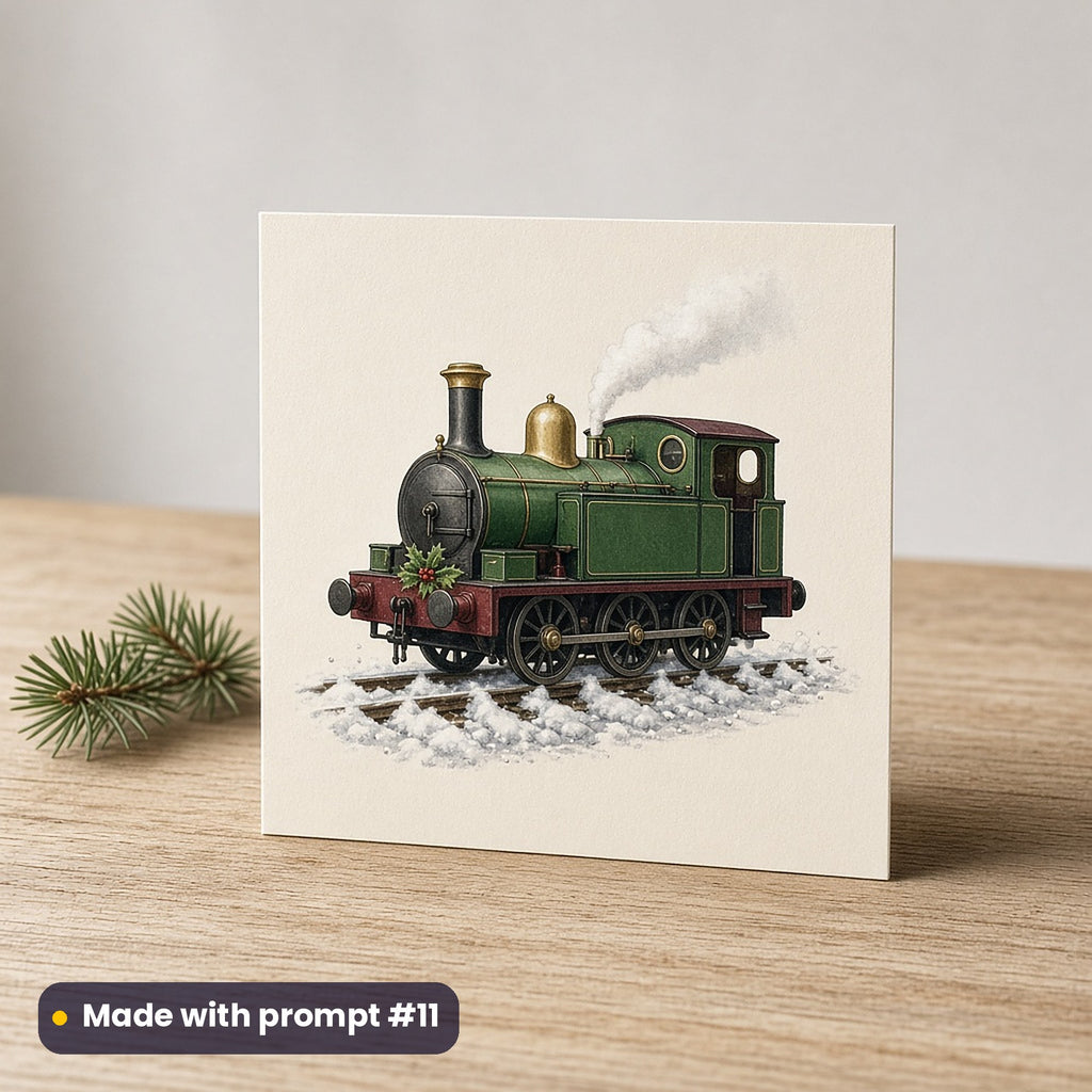 Christmas Steam Railway artwork on a flat-printed greeting card: tank engine, made with prompt #11 from this pack