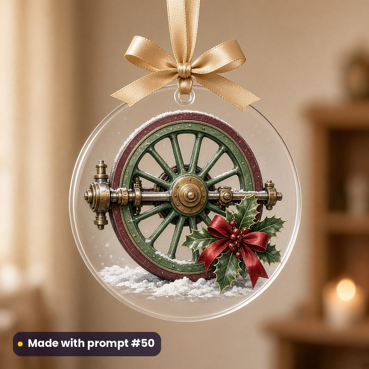 Christmas Steam Railway artwork on a UV-printed clear acrylic ornament: wheel ornament, made with prompt #50 from this pack
