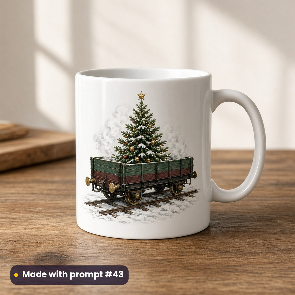 Christmas Steam Railway artwork on a UV-printed ceramic mug: tree wagon, made with prompt #43 from this pack