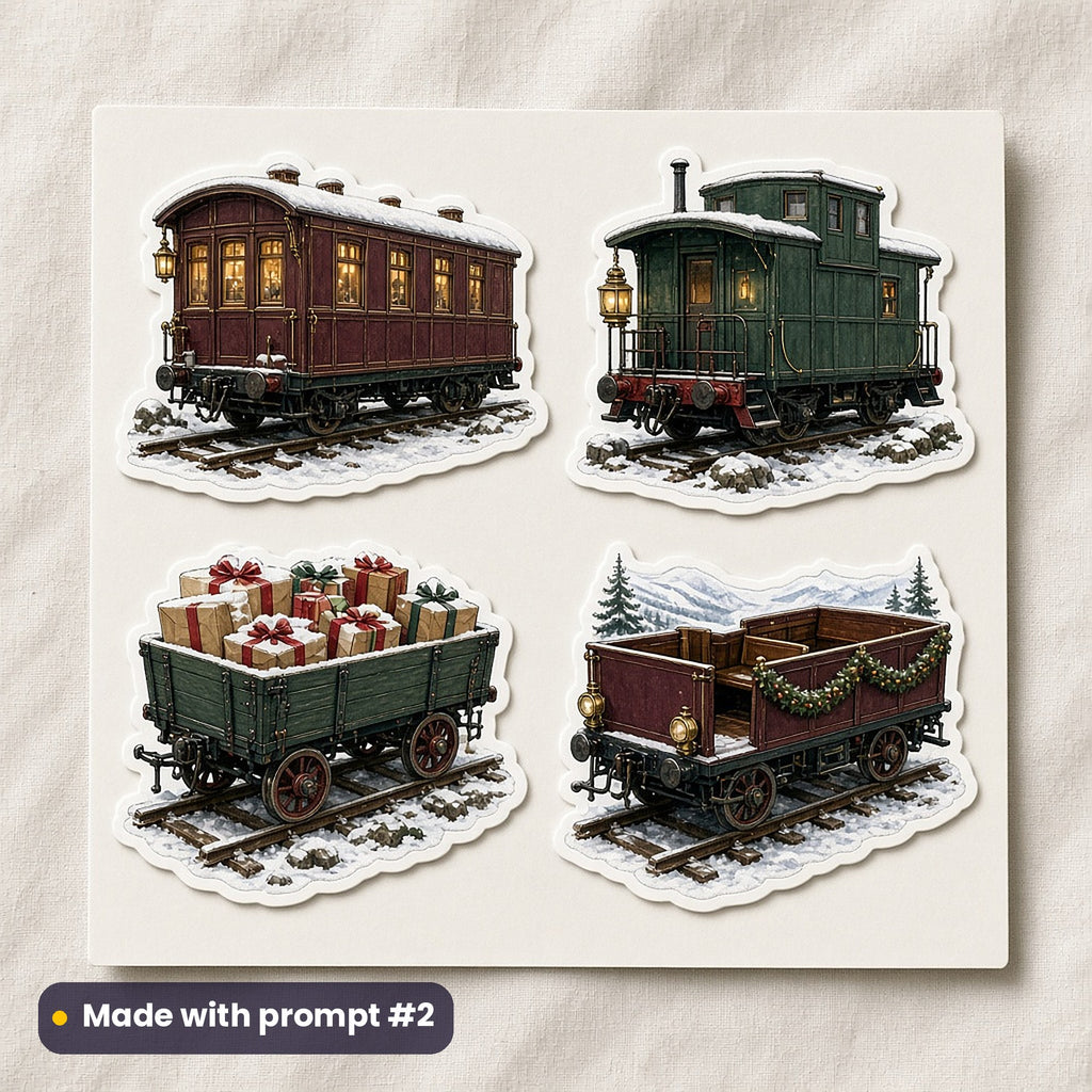 Christmas Steam Railway artwork on a die-cut vinyl sticker sheet: a sheet of four assets from page p02: carriages, made with prompt #2 from this pack