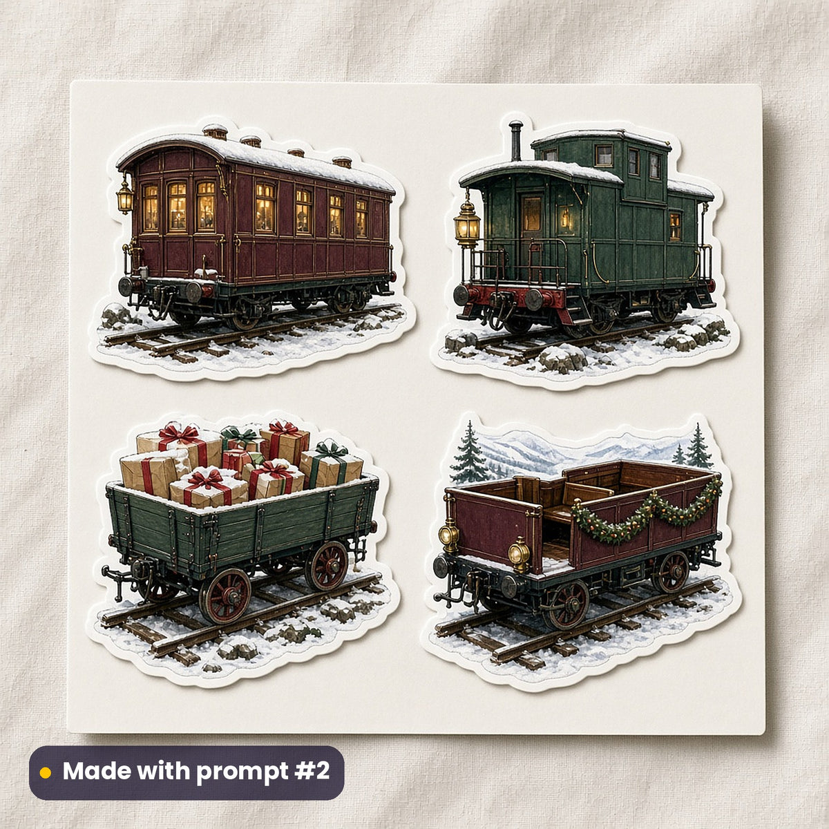 Christmas Steam Railway artwork on a die-cut vinyl sticker sheet: a sheet of four assets from page p02: carriages, made with prompt #2 from this pack