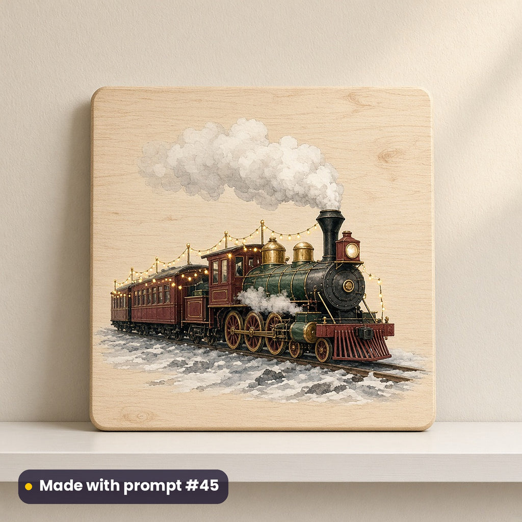Christmas Steam Railway artwork on a UV-printed wooden plaque: lit train line, made with prompt #45 from this pack
