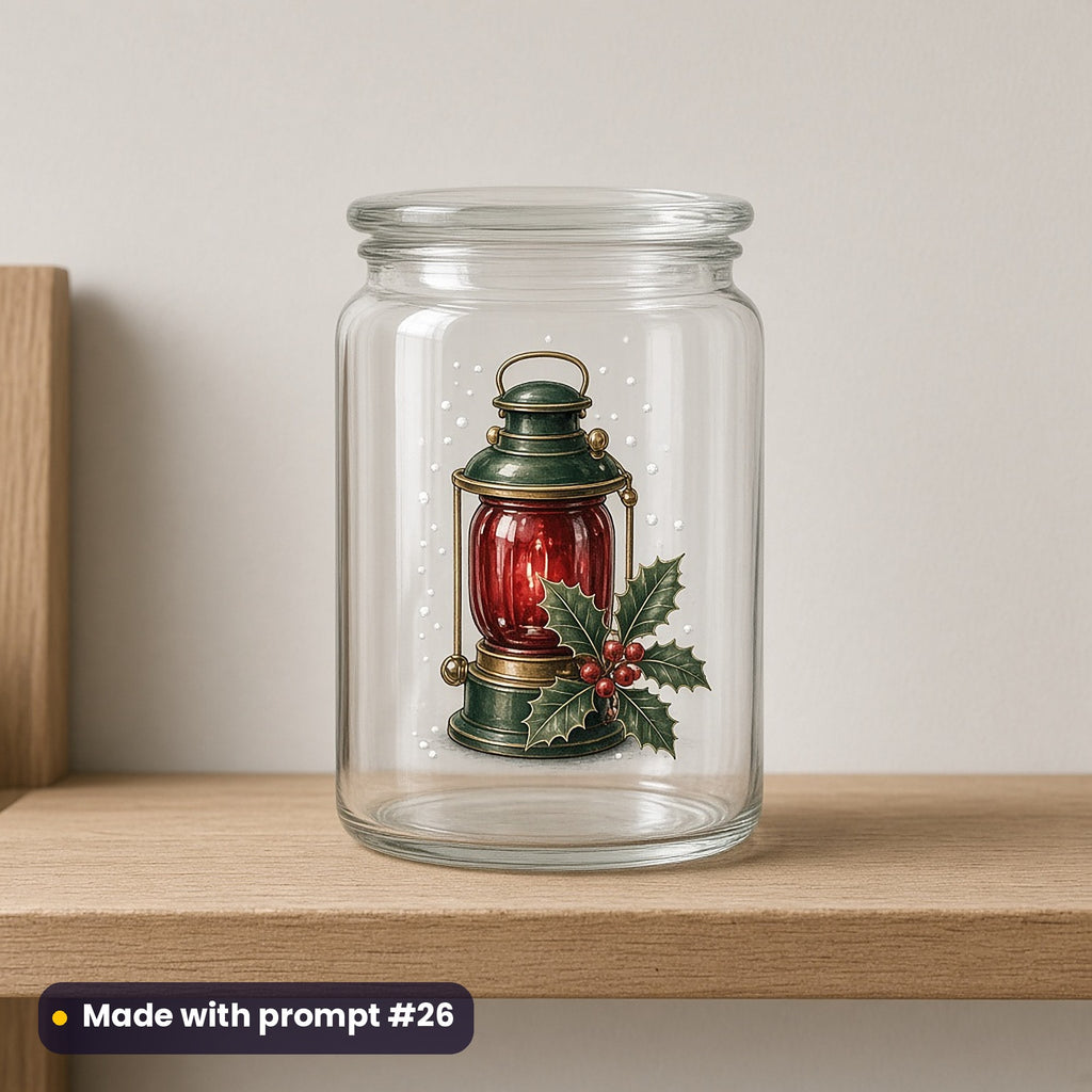 Christmas Steam Railway artwork on a UV DTF decal on a glass jar: red tail lamp, made with prompt #26 from this pack