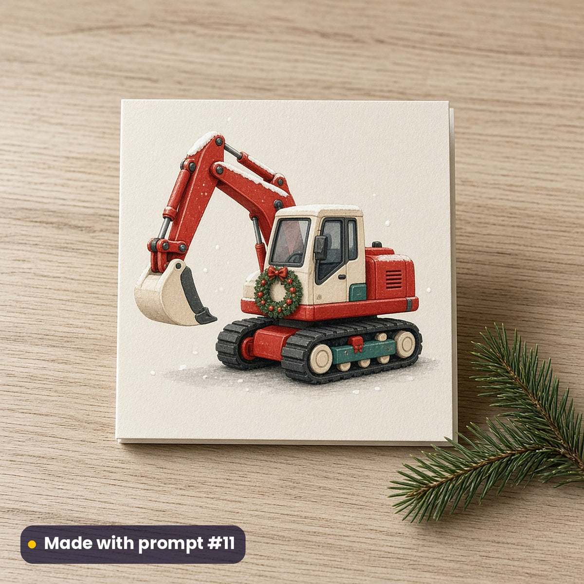 Christmas Diggers artwork on a flat-printed greeting card: festive excavator, made with prompt #11 from this pack