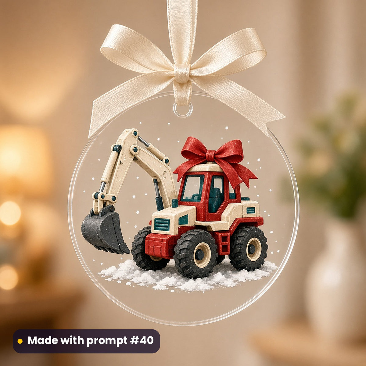 Christmas Diggers artwork on a UV-printed clear acrylic ornament: digger ornament, made with prompt #40 from this pack