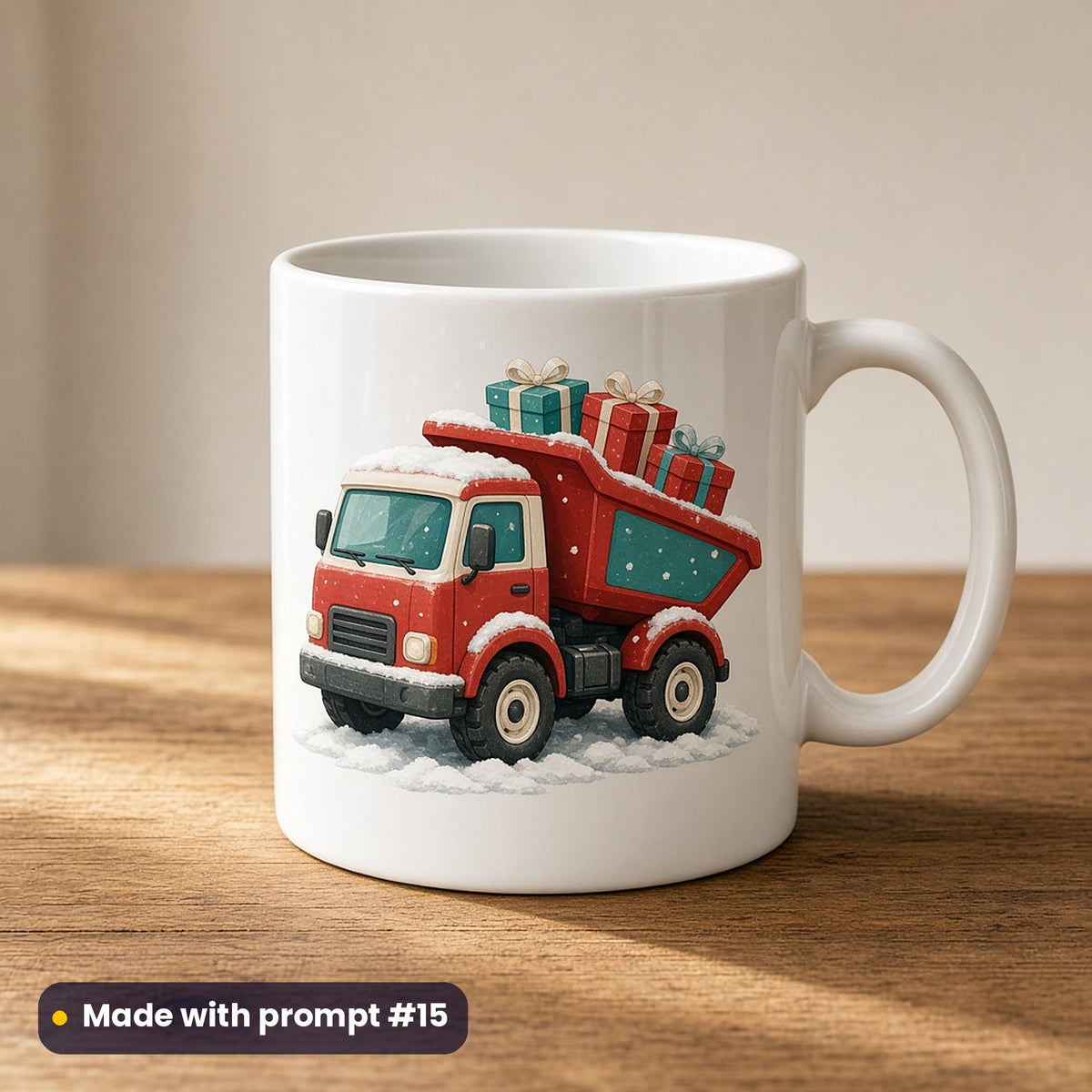 Christmas Diggers artwork on a UV-printed ceramic mug: dumper truck, made with prompt #15 from this pack