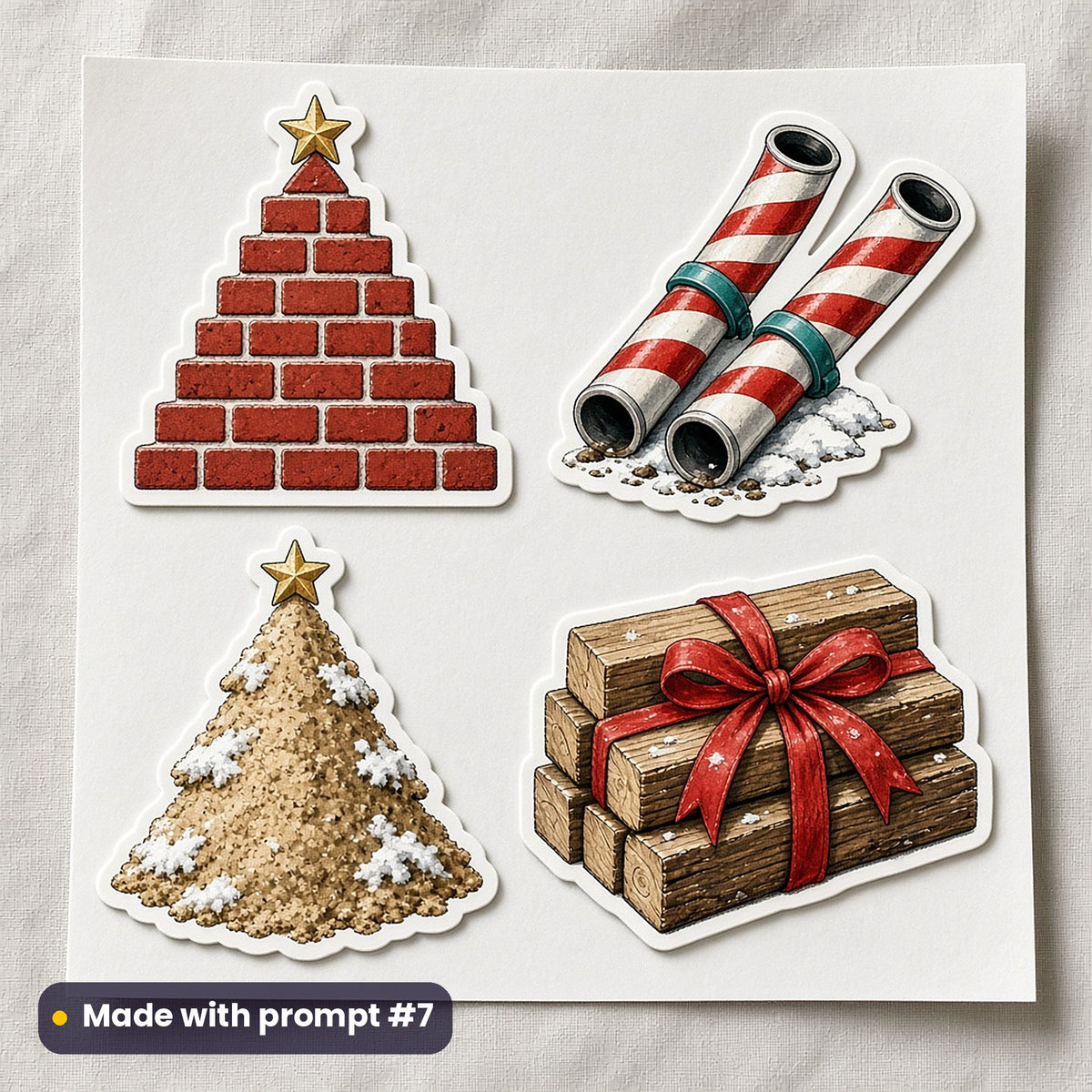 Christmas Diggers artwork on a die-cut vinyl sticker sheet: a sheet of four assets from page p07: building christmas, made with prompt #7 from this pack