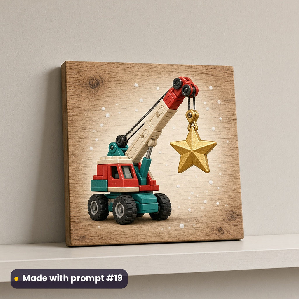 Christmas Diggers artwork on a UV-printed wooden plaque: crane with star, made with prompt #19 from this pack
