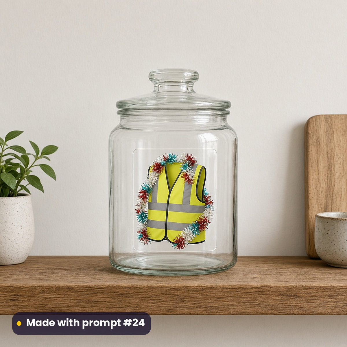 Christmas Diggers artwork on a UV DTF decal on a glass jar: hi-vis vest, made with prompt #24 from this pack
