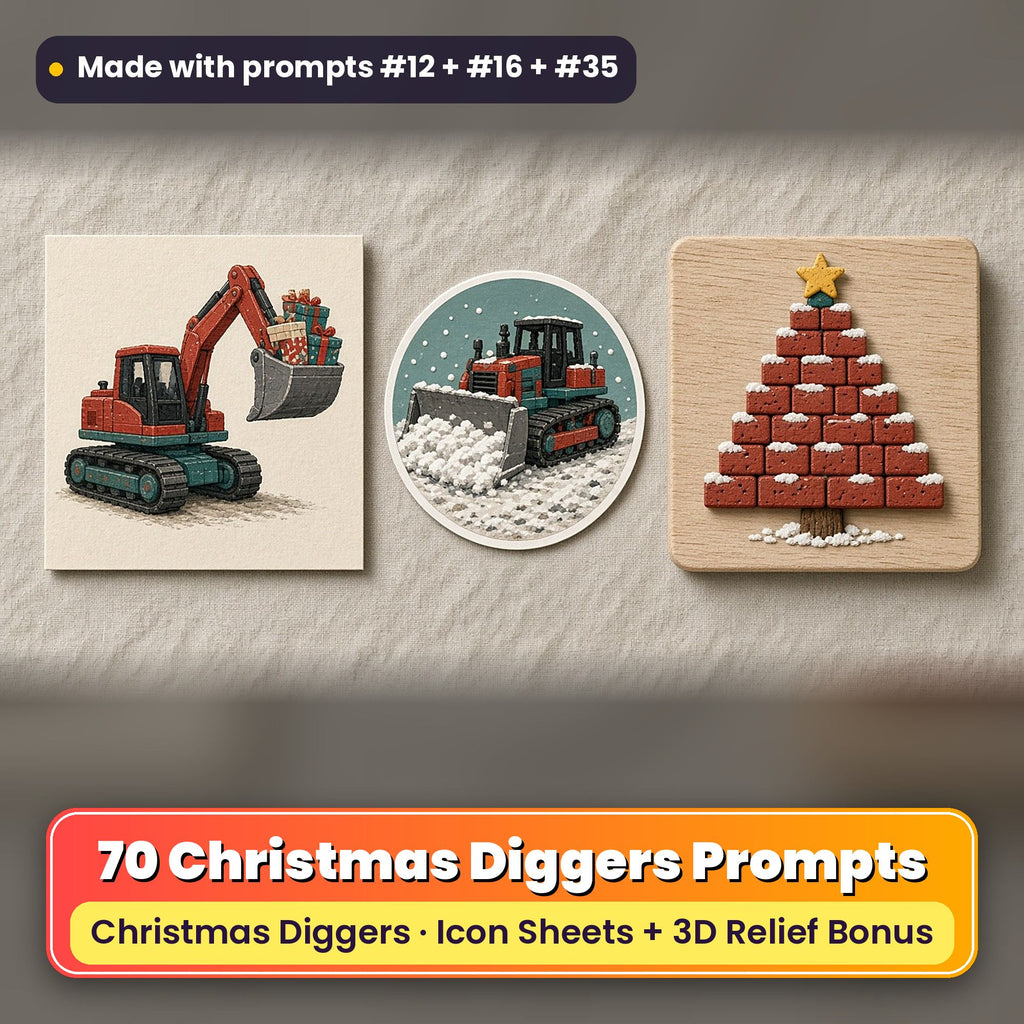 Christmas Diggers Icon Sheet Prompts: 70 prompts + 3D Relief bonus, with a printed greeting card, sticker and wooden plaque made with prompts #12, #16 and #35