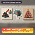 Christmas Diggers Icon Sheet Prompts: 70 prompts + 3D Relief bonus, with a printed greeting card, sticker and wooden plaque made with prompts #12, #16 and #35