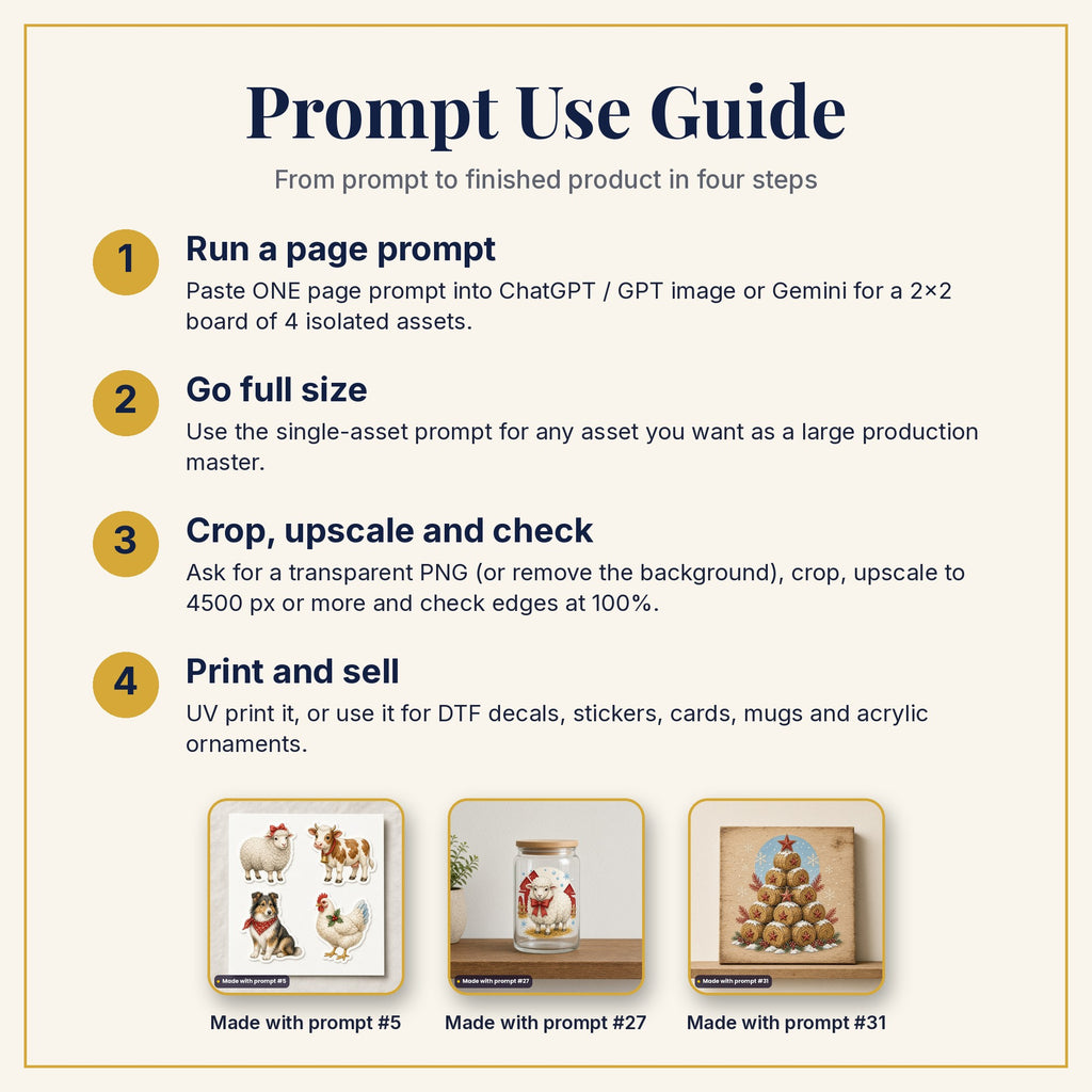 Prompt Use Guide: run a page prompt, go full size, crop and upscale, then print and sell, with products made with prompts #5, #27 and #31