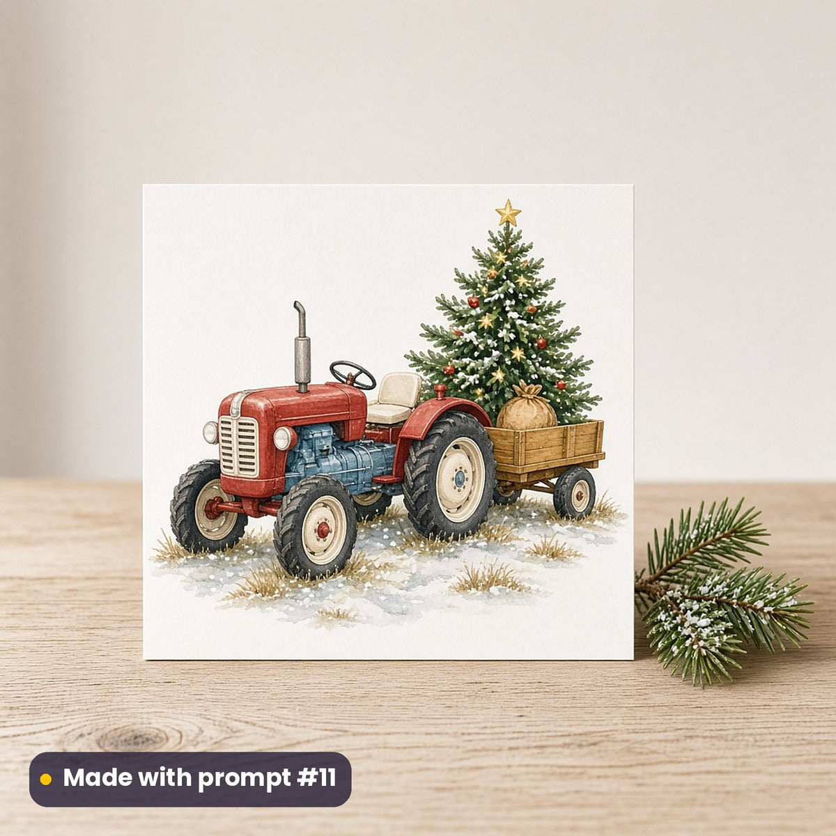 Christmas Tractors artwork on a flat-printed greeting card: red tractor with tree, made with prompt #11 from this pack