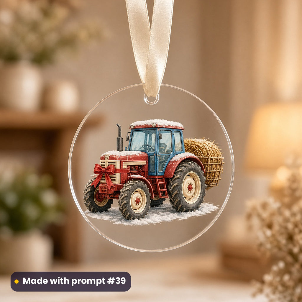Christmas Tractors artwork on a UV-printed clear acrylic ornament: toy tractor, made with prompt #39 from this pack
