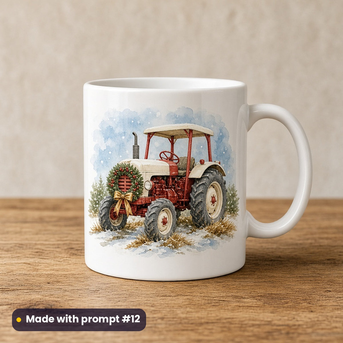Christmas Tractors artwork on a UV-printed ceramic mug: vintage tractor, made with prompt #12 from this pack