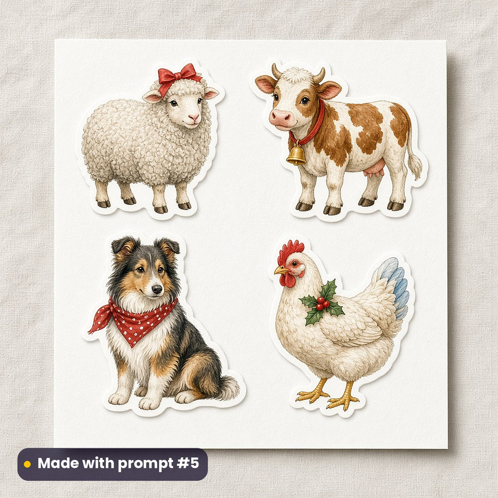 Christmas Tractors artwork on a die-cut vinyl sticker sheet: a sheet of four assets from page p05: farm animals, made with prompt #5 from this pack