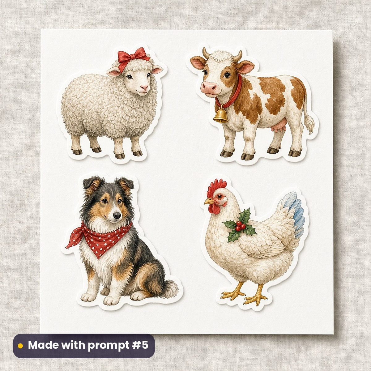 Christmas Tractors artwork on a die-cut vinyl sticker sheet: a sheet of four assets from page p05: farm animals, made with prompt #5 from this pack