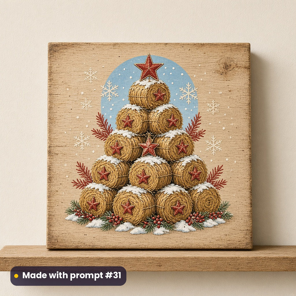 Christmas Tractors artwork on a UV-printed wooden plaque: hay bale tree, made with prompt #31 from this pack