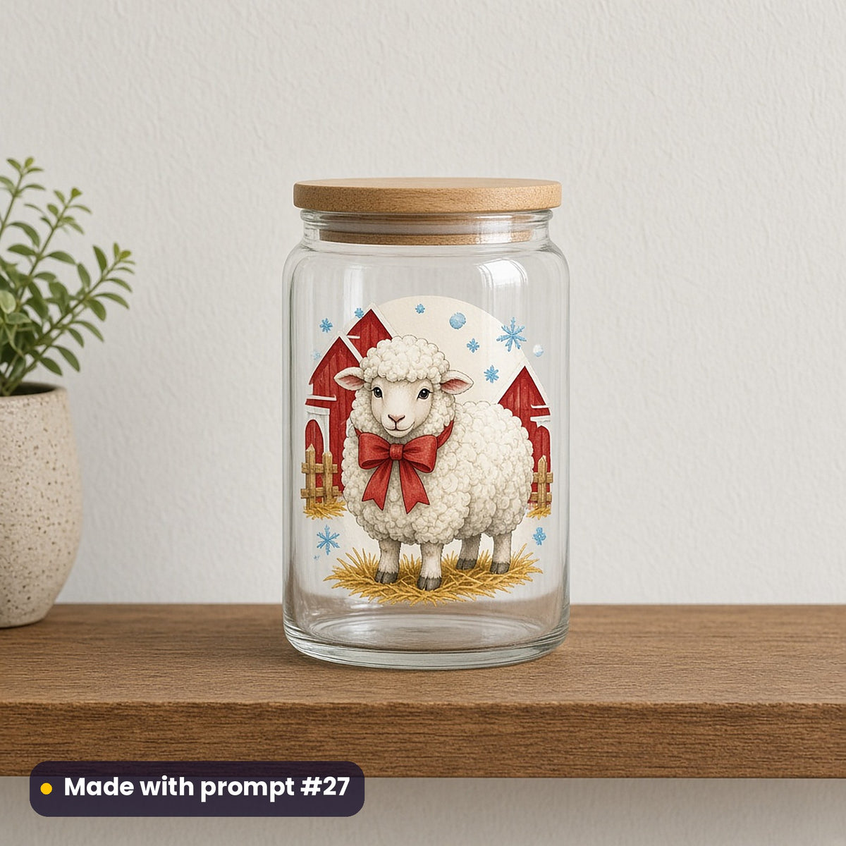 Christmas Tractors artwork on a UV DTF decal on a glass jar: sheep with bow, made with prompt #27 from this pack