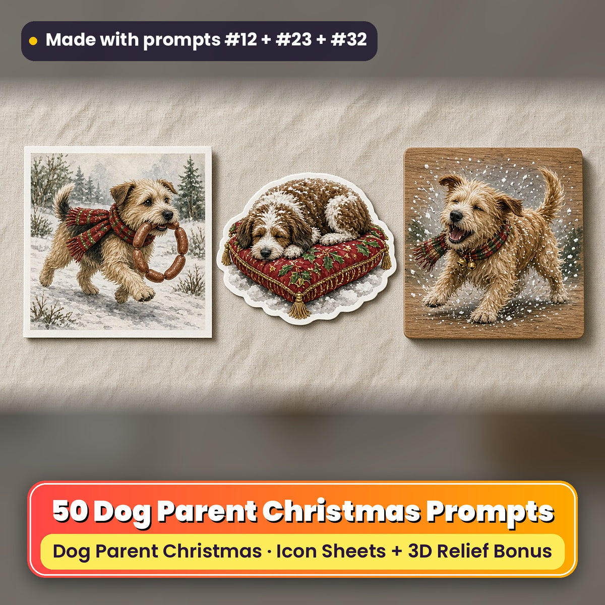 Dog Parent Christmas Icon Sheet Prompts: 50 prompts + 3D Relief bonus, with a printed greeting card, sticker and wooden plaque made with prompts #12, #23 and #32