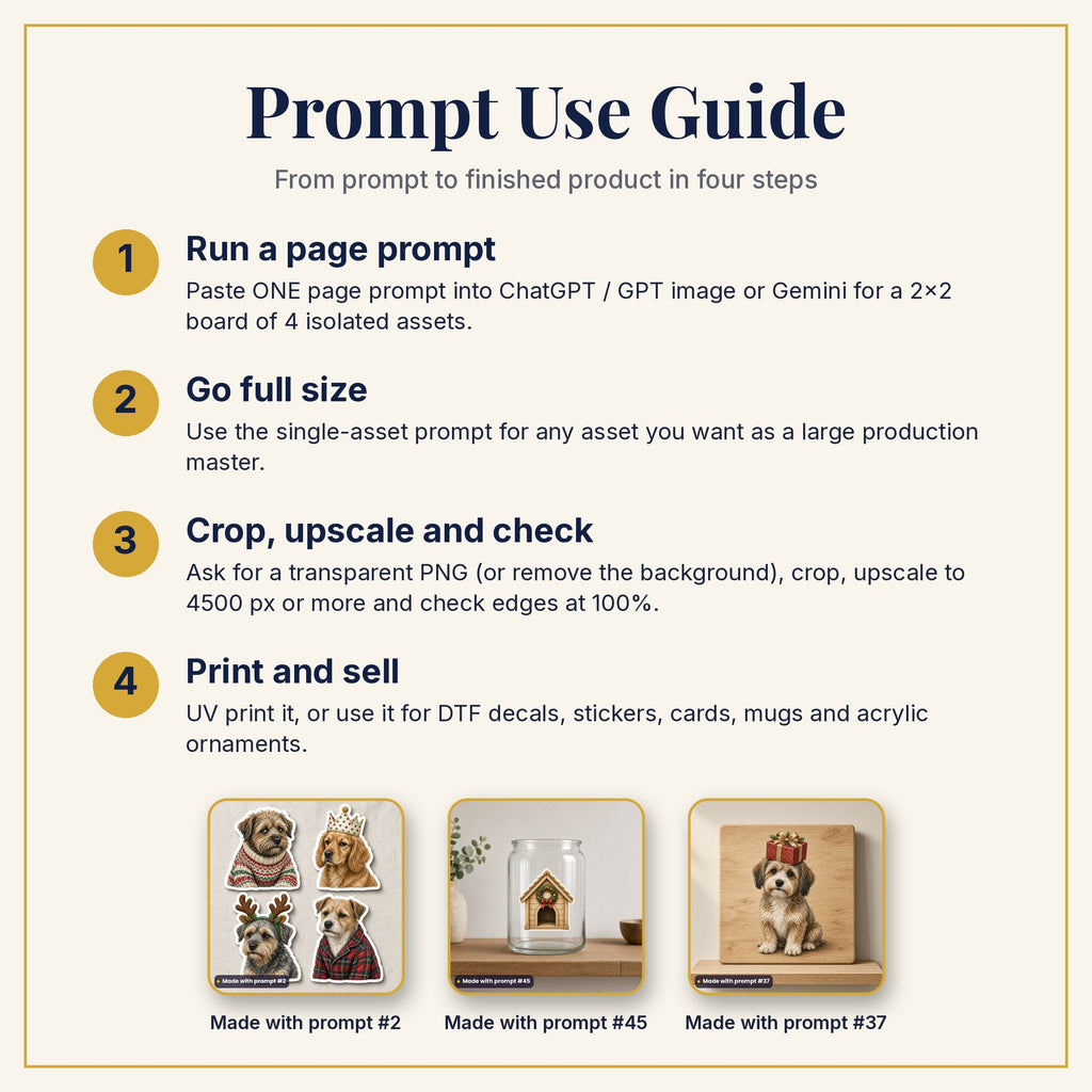 Prompt Use Guide: run a page prompt, go full size, crop and upscale, then print and sell, with products made with prompts #2, #45 and #37