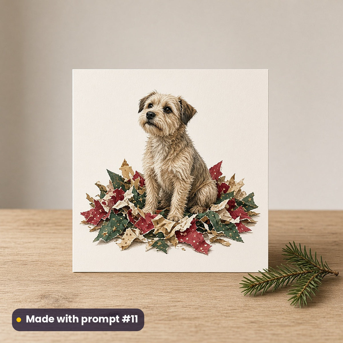 Dog Parent Christmas artwork on a flat-printed greeting card: dog in torn wrapping, made with prompt #11 from this pack