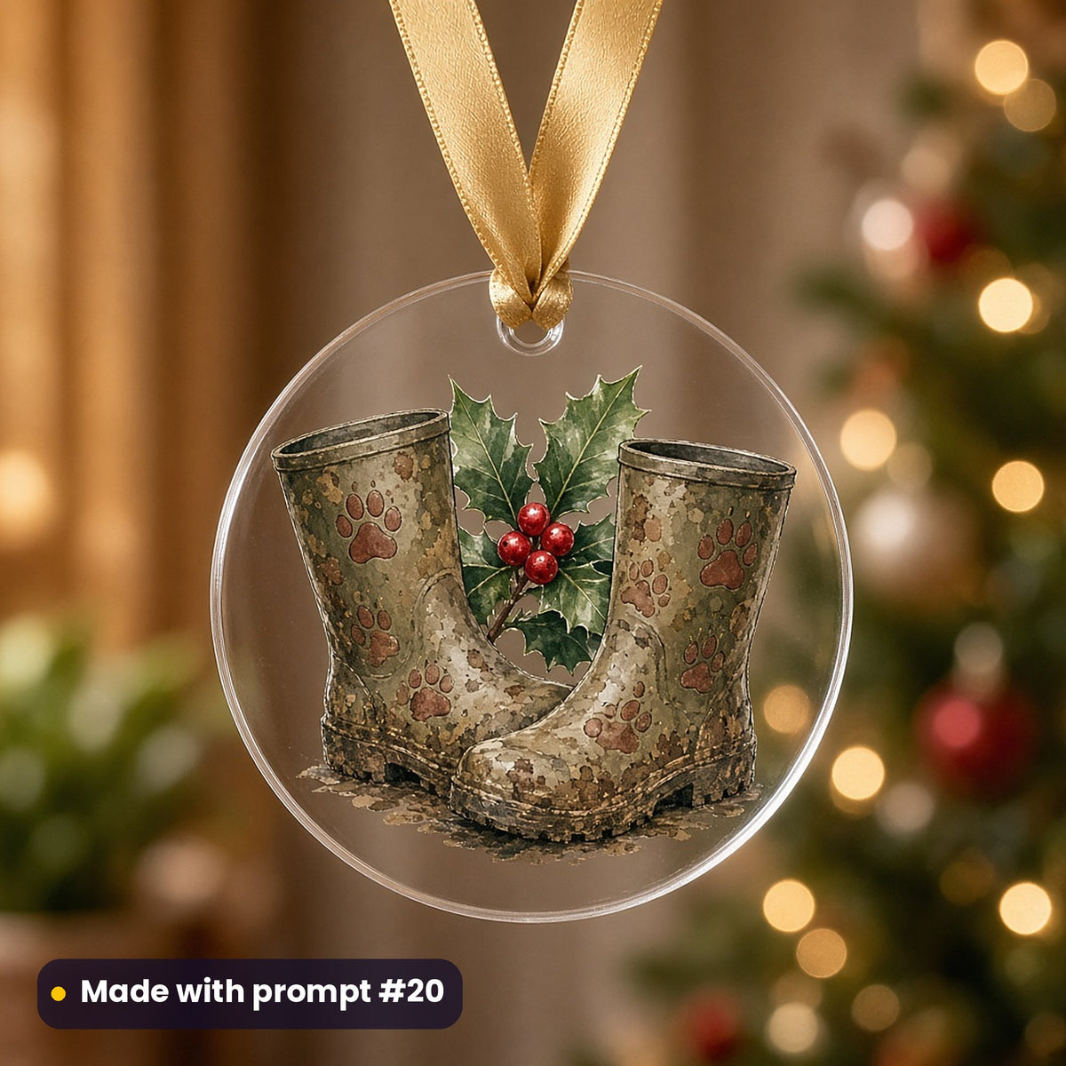 Dog Parent Christmas artwork on a UV-printed clear acrylic ornament: muddy paw wellies, made with prompt #20 from this pack