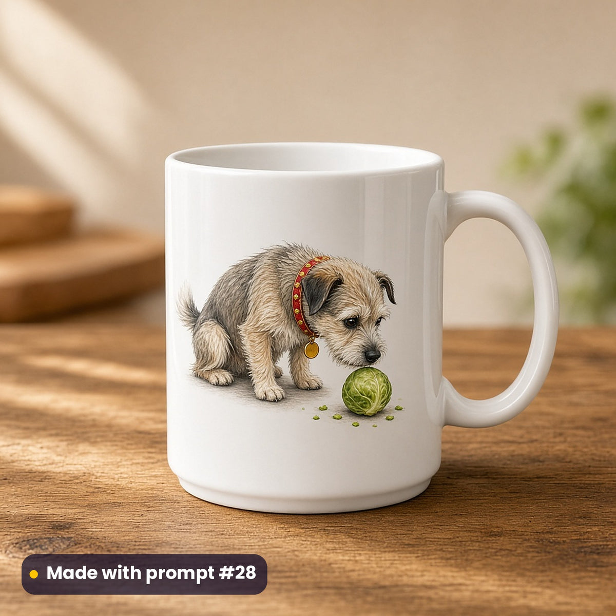 Dog Parent Christmas artwork on a UV-printed ceramic mug: dog with a sprout, made with prompt #28 from this pack