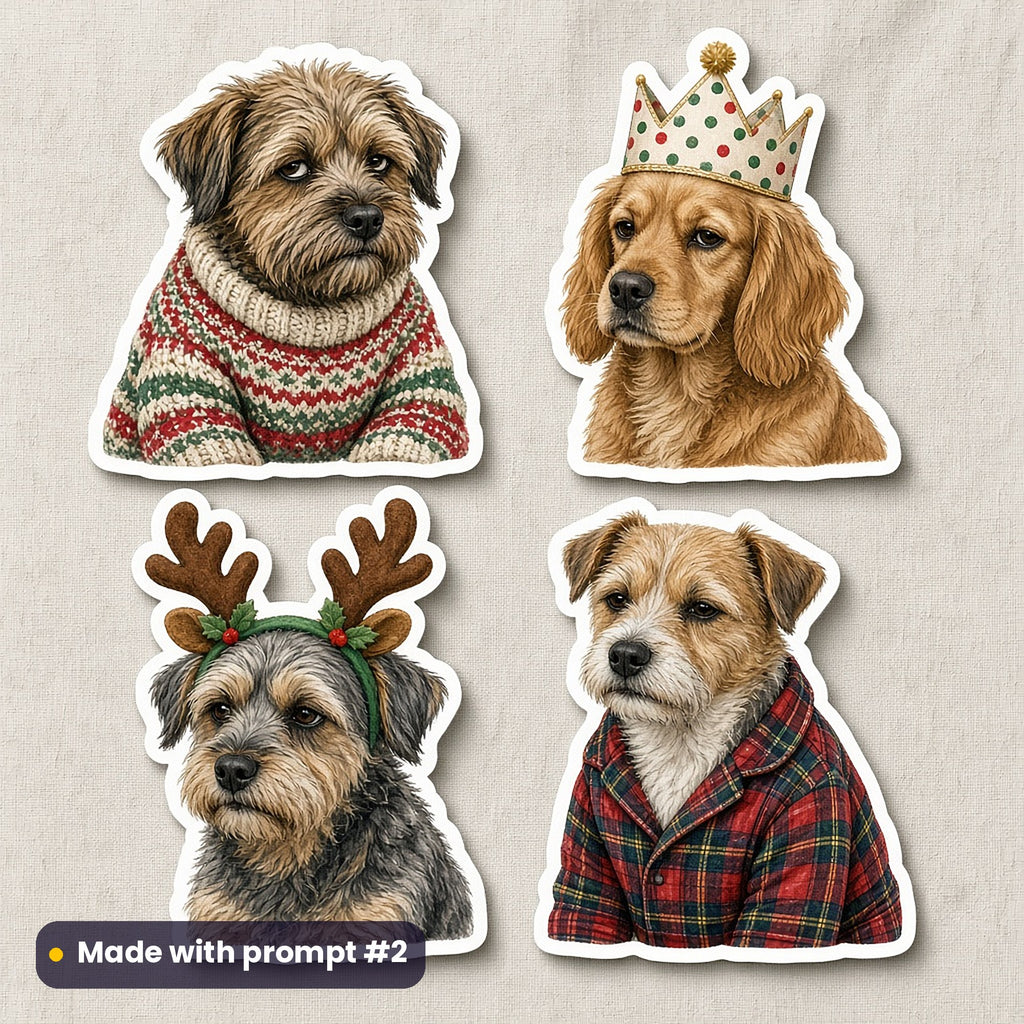 Dog Parent Christmas artwork on a die-cut vinyl sticker sheet: a sheet of four assets from page p02: dressed-up dogs, made with prompt #2 from this pack