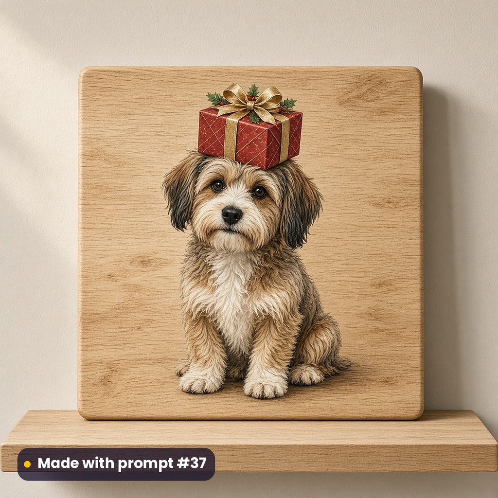 Dog Parent Christmas artwork on a UV-printed wooden plaque: dog with present on head, made with prompt #37 from this pack