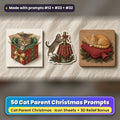 Cat Parent Christmas Icon Sheet Prompts: 50 prompts + 3D Relief bonus, with a printed greeting card, sticker and wooden plaque made with prompts #12, #23 and #32